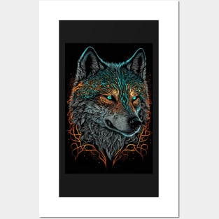 Mean Wolf portrait with teal and orange glow Posters and Art